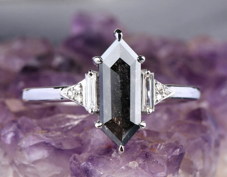 Hexagon Salt and Pepper Natural Diamond Engagement Ring 14K White Gold Vintage Classic Wedding Band Gift For Her