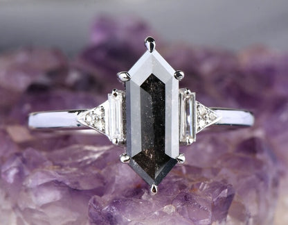 Hexagon Salt and Pepper Natural Diamond Engagement Ring 14K White Gold Vintage Classic Wedding Band Gift For Her