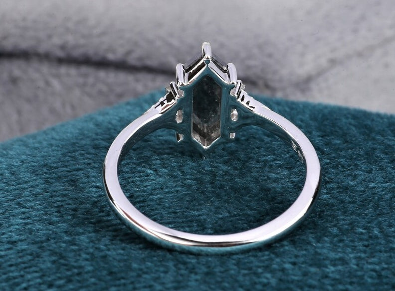Hexagon Salt and Pepper Natural Diamond Engagement Ring 14K White Gold Vintage Classic Wedding Band Gift For Her