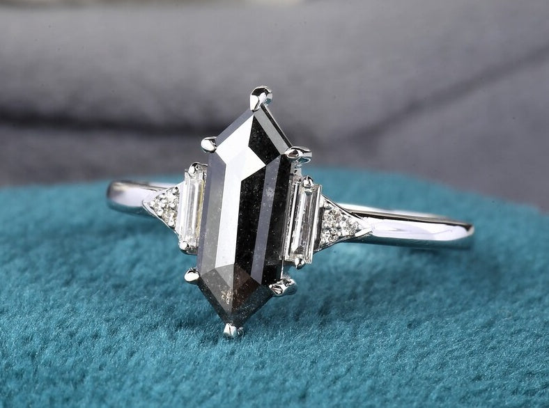 Hexagon Salt and Pepper Natural Diamond Engagement Ring 14K White Gold Vintage Classic Wedding Band Gift For Her