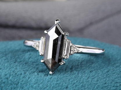 Hexagon Salt and Pepper Natural Diamond Engagement Ring 14K White Gold Vintage Classic Wedding Band Gift For Her