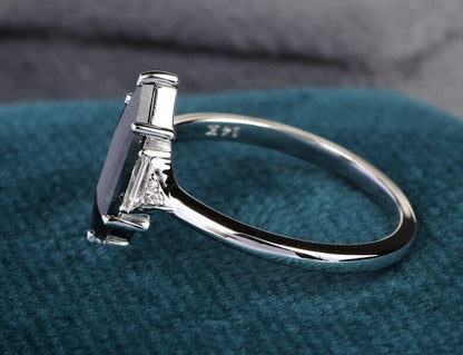 Hexagon Salt and Pepper Natural Diamond Engagement Ring 14K White Gold Vintage Classic Wedding Band Gift For Her