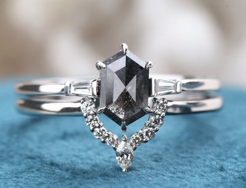 Salt and Pepper Ring HexagoneEngagement Ring, 14K White Gold With Ring Set, Anniversary Gift, Gift For Her