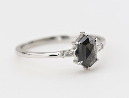 Salt and Pepper Ring HexagoneEngagement Ring, 14K White Gold With Ring Set, Anniversary Gift, Gift For Her