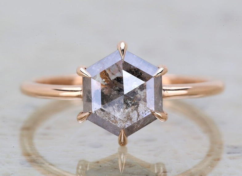 Salt And Pepper Ring, Hexagon Diamond Ring, Engagement Ring, 14K Rose Gold Ring, Rose Cut Ring, Wedding Ring, Gift For Her