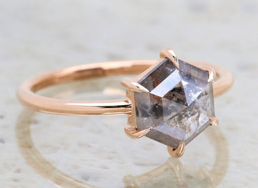 Salt And Pepper Ring, Hexagon Diamond Ring, Engagement Ring, 14K Rose Gold Ring, Rose Cut Ring, Wedding Ring, Gift For Her