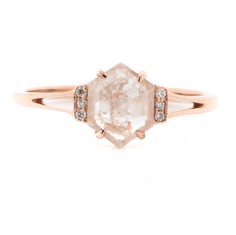 Salt and Pepper Diamond Ring, Hexagon Diamond Ring, Engagement Ring, 14K Rose Gold Ring, Wedding Ring, Gift For Her