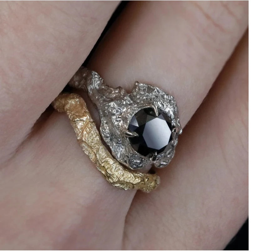Black Color Diamond Ring ! Natural Round Cut Diamond Engagement Ring 14k Yellow White Rose Gold Anniversary Ring Christmas Gift For Her
