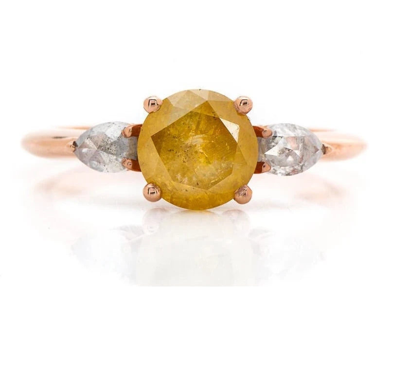 Salt and Pepper Diamond Ring ! Natural Round Diamond ! Natural Yellow Color Diamond For Engagement Ring ! Diamond Ring ! Gift For Her