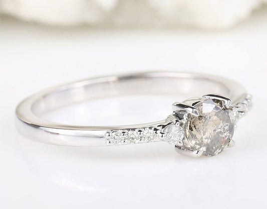 Salt and Pepper Diamond Engagement Ring, Vintage Solid 14K Gold Wedding Ring, Round Cut Anniversary Promise Ring For Woman ! Gift For Her