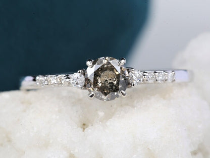 Salt and Pepper Diamond Engagement Ring, Vintage Solid 14K Gold Wedding Ring, Round Cut Anniversary Promise Ring For Woman ! Gift For Her