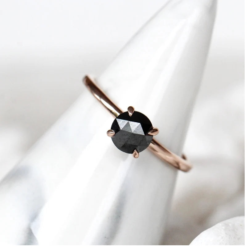 Engagement Ring ! Fancy Black Color Round Rose Cut Diamond Wedding Ring ! Anniversary Gift ! Gift for Her ! 14k White Yellow Rose Gold Ring