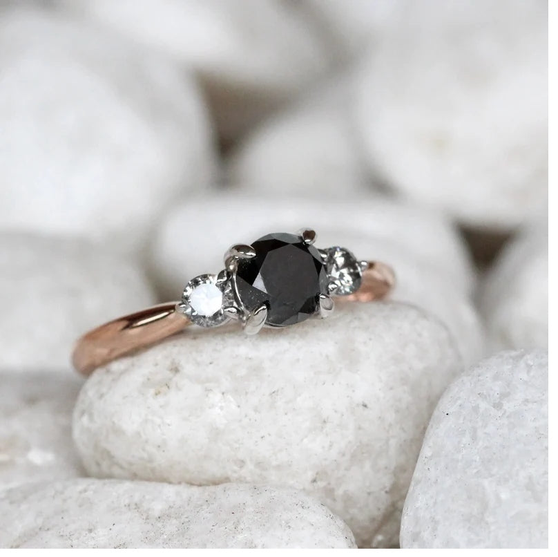 Diamond Ring ! Fancy Black Color Round Diamond Engagement Ring ! Anniversary Gift ! Gift for Her ! 14k White Yellow Rose Gold Ring