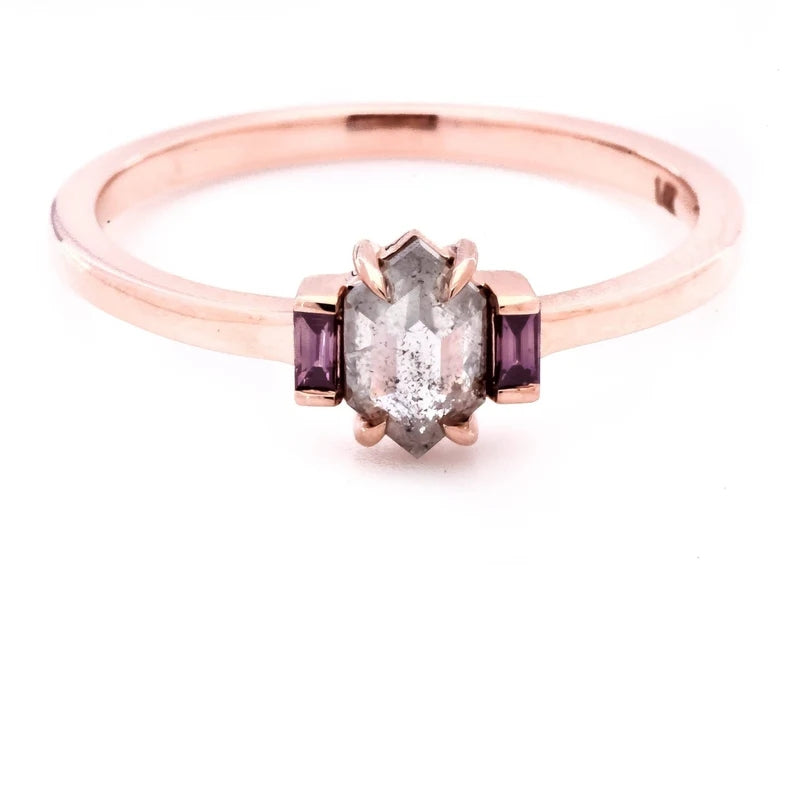 Salt and Pepper Diamond Ring, Shield Diamond Ring, Engagement Ring, 14K Rose Gold Ring, Wedding Ring, Gift For Her