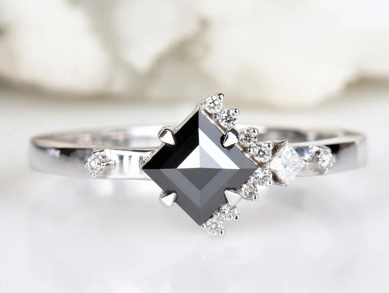 1.09 Cts Natural Square Shape Black Rose Cut Diamond Ring ! Half Halo Ring 14K Gold Engagement Ring ! Anniversary Gift for Her ! Iconic Ring