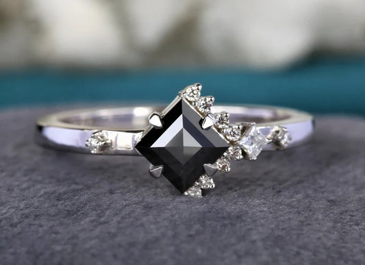 1.09 Cts Natural Square Shape Black Rose Cut Diamond Ring ! Half Halo Ring 14K Gold Engagement Ring ! Anniversary Gift for Her ! Iconic Ring