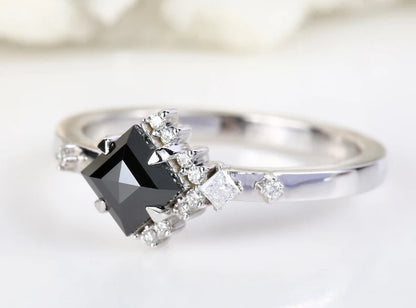 1.09 Cts Natural Square Shape Black Rose Cut Diamond Ring ! Half Halo Ring 14K Gold Engagement Ring ! Anniversary Gift for Her ! Iconic Ring