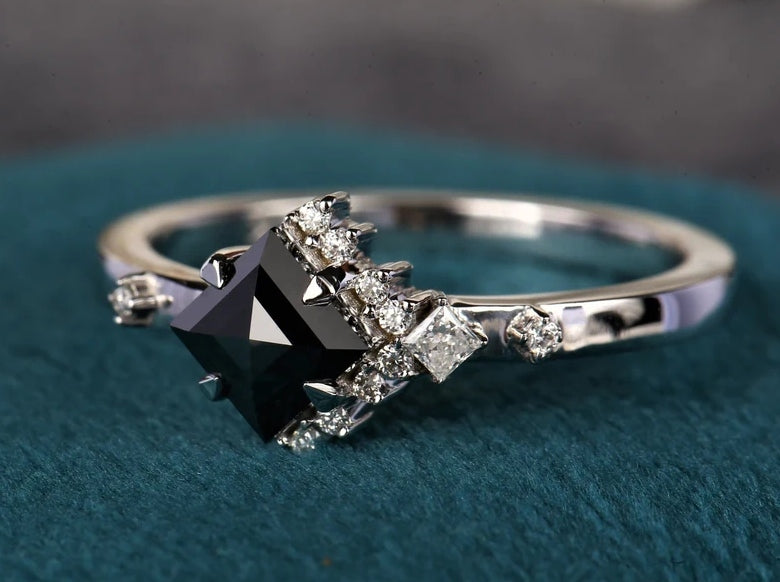 1.09 Cts Natural Square Shape Black Rose Cut Diamond Ring ! Half Halo Ring 14K Gold Engagement Ring ! Anniversary Gift for Her ! Iconic Ring
