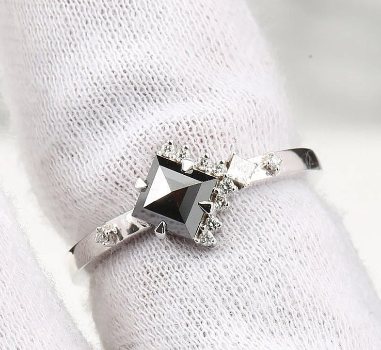 1.09 Cts Natural Square Shape Black Rose Cut Diamond Ring ! Half Halo Ring 14K Gold Engagement Ring ! Anniversary Gift for Her ! Iconic Ring