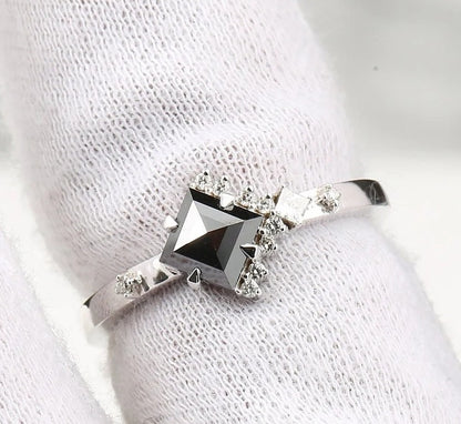 1.09 Cts Natural Square Shape Black Rose Cut Diamond Ring ! Half Halo Ring 14K Gold Engagement Ring ! Anniversary Gift for Her ! Iconic Ring