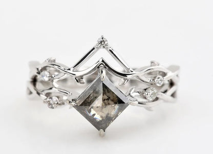 Salt and Pepper Diamond Ring ! Natural Square Cut Diamond ! Natural Brown Color Diamond Engagement Ring Set ! Gift For Her ! Ring Set