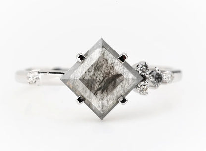 Salt and Pepper Diamond Ring ! Natural Square Cut Diamond Engagement Ring ! Natural Gray Diamond Anniversary Ring ! Gift For Her