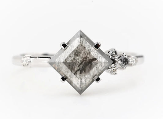 Salt and Pepper Diamond Ring ! Natural Square Cut Diamond Engagement Ring ! Natural Gray Diamond Anniversary Ring ! Gift For Her