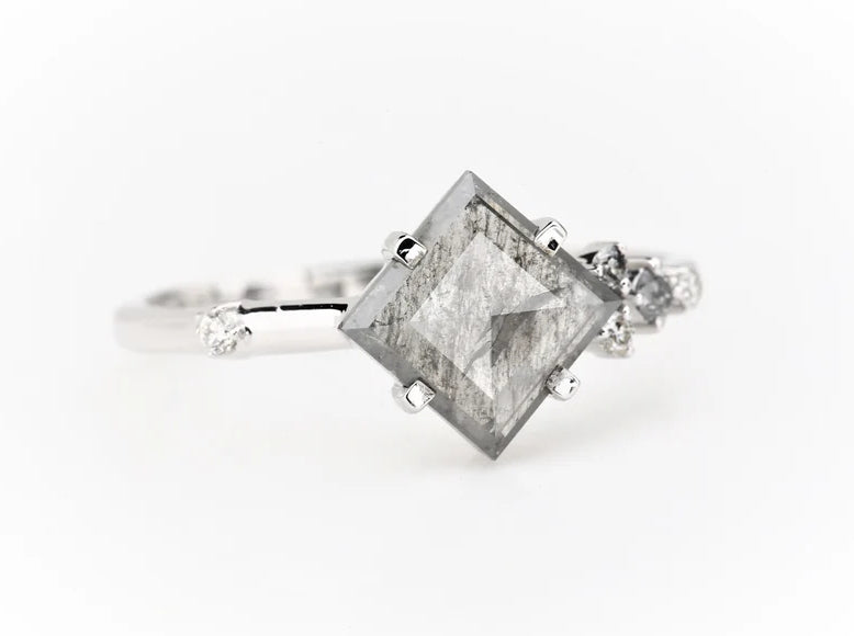 Salt and Pepper Diamond Ring ! Natural Square Cut Diamond Engagement Ring ! Natural Gray Diamond Anniversary Ring ! Gift For Her
