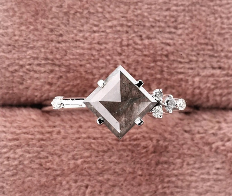 Salt and Pepper Diamond Ring ! Natural Square Cut Diamond Engagement Ring ! Natural Gray Diamond Anniversary Ring ! Gift For Her