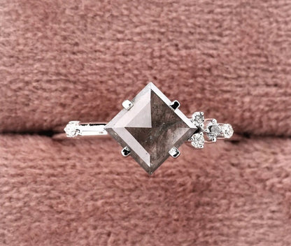 Salt and Pepper Diamond Ring ! Natural Square Cut Diamond Engagement Ring ! Natural Gray Diamond Anniversary Ring ! Gift For Her