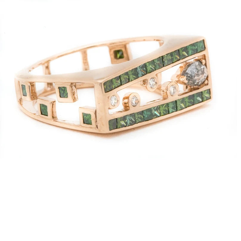Art Deco Diamond Engagement Ring, 14K Gold Princess Diamond Ring, Green Diamond Ring, Princess Cut Diamonds, Men Gift Ring