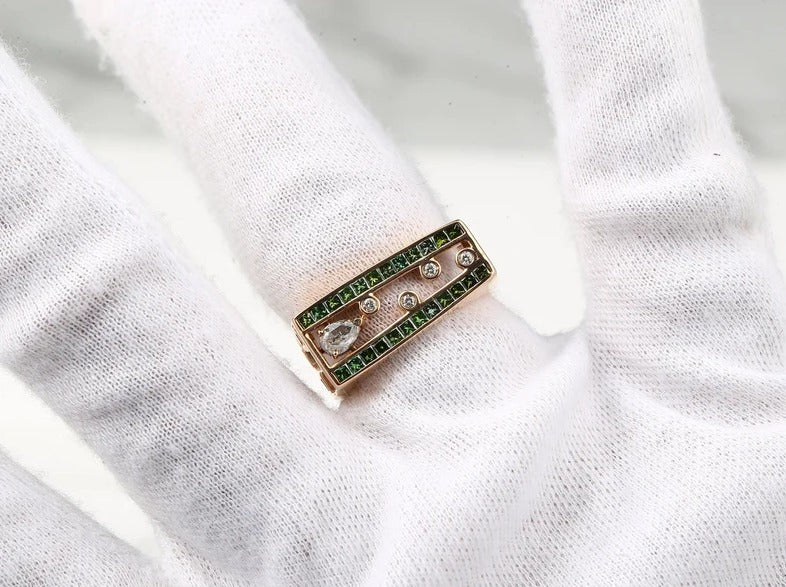 Art Deco Diamond Engagement Ring, 14K Gold Princess Diamond Ring, Green Diamond Ring, Princess Cut Diamonds, Men Gift Ring