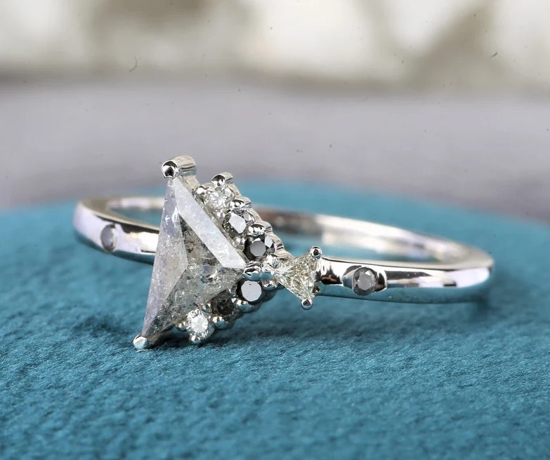 Salt and Pepper diamond Ring, Triangle Wedding Ring, triangle diamond ring, salt and pepper engagement ring, Anniversary Ring Gift for Her