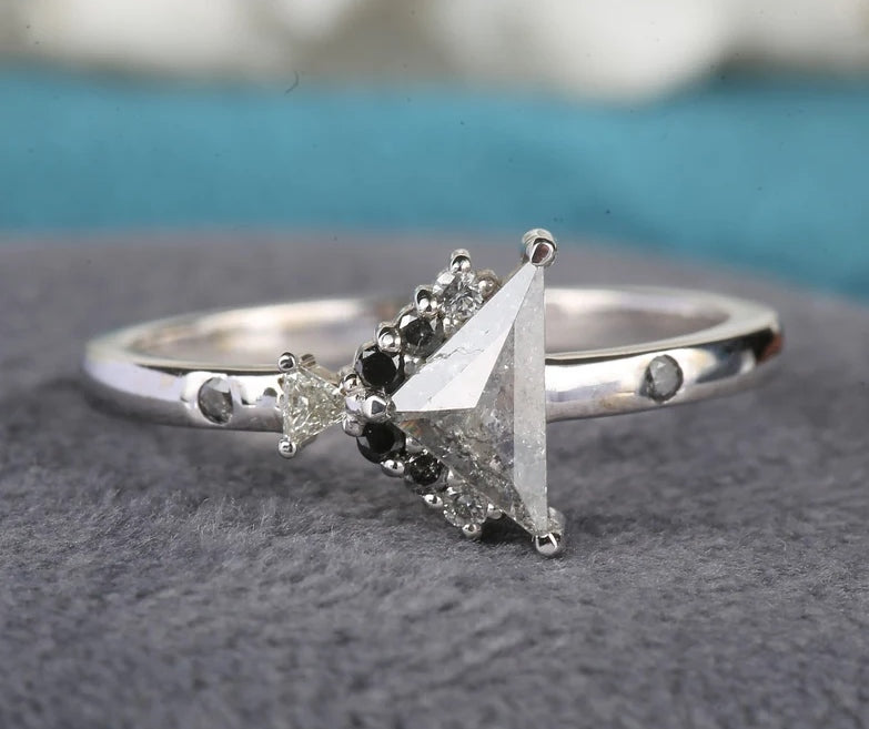 Salt and Pepper diamond Ring, Triangle Wedding Ring, triangle diamond ring, salt and pepper engagement ring, Anniversary Ring Gift for Her