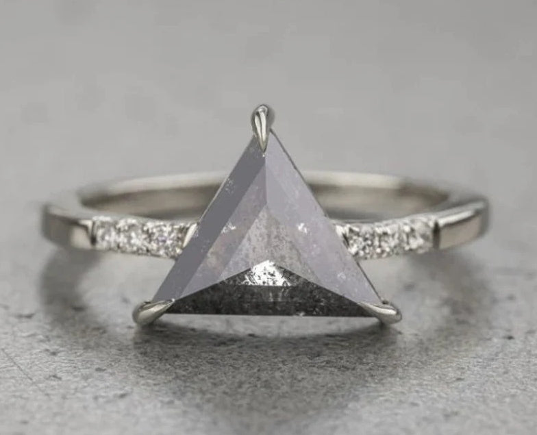 Salt and Pepper Triangle Diamond Engagement Ring, Jules Setting, 14K White Gold, Anniversary Gift for Her, Gorgeous Ring for Her