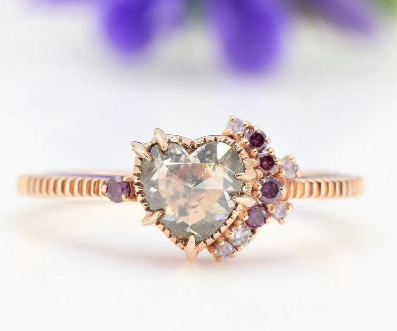 Salt and Pepper Diamond Ring ! Natural Heart Shape Engagement Ring ! Natural Brown Diamond Anniversary Ring ! Gift For Her
