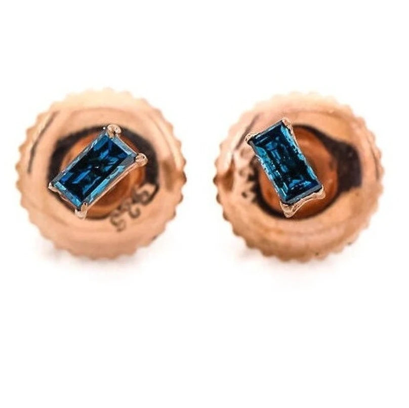 Blue Diamond Stud Earrings, Baguette Diamond Earring in 14k Rose Gold, Earring, Woman Classic Diamond Earring, Gift for Her