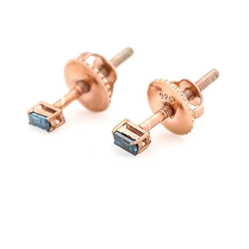 Blue Diamond Stud Earrings, Baguette Diamond Earring in 14k Rose Gold, Earring, Woman Classic Diamond Earring, Gift for Her