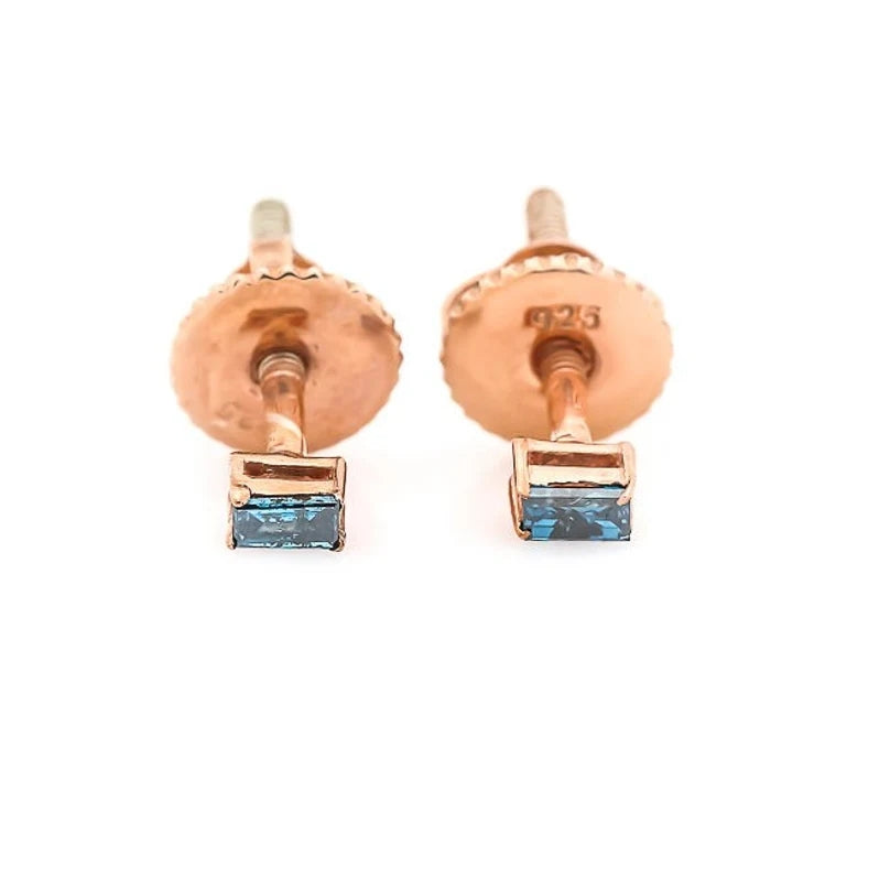 Blue Diamond Stud Earrings, Baguette Diamond Earring in 14k Rose Gold, Earring, Woman Classic Diamond Earring, Gift for Her