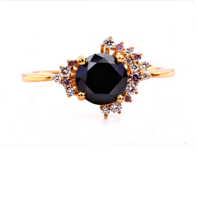 1.25 Ct round diamond engagement ring ! vintage natural black engagement ring ! diamond Twisted cluster ring
