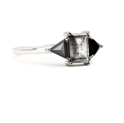 Salt and Pepper Baguette Engagement Ring Natural Diamond Anniversary Ring 14K White Gold Gift For Her