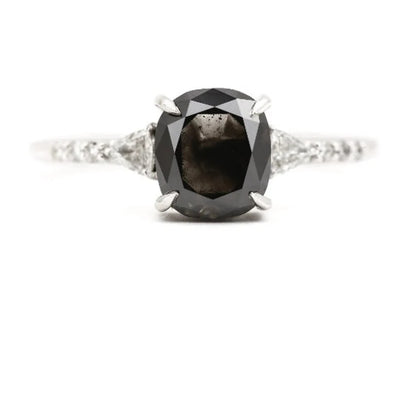 Salt and Pepper Cushion Engagement Ring ! Side Stone Triangle VS White Diamond Wedding Ring ! Gift For Her ! Anniversary Gift