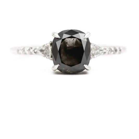 Salt and Pepper Cushion Engagement Ring ! Side Stone Triangle VS White Diamond Wedding Ring ! Gift For Her ! Anniversary Gift