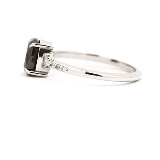 Salt and Pepper Cushion Engagement Ring ! Side Stone Triangle VS White Diamond Wedding Ring ! Gift For Her ! Anniversary Gift