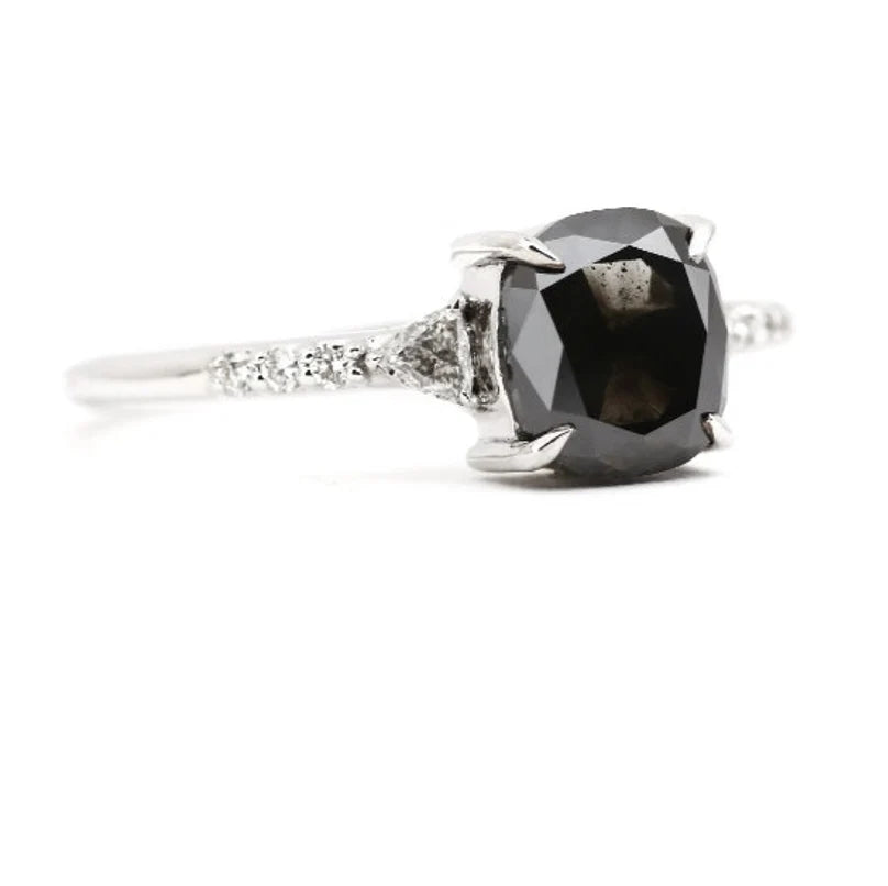 Salt and Pepper Cushion Engagement Ring ! Side Stone Triangle VS White Diamond Wedding Ring ! Gift For Her ! Anniversary Gift