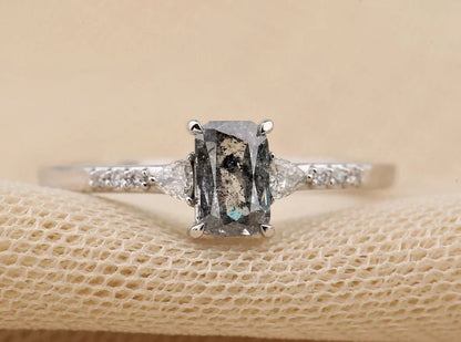 Salt and Pepper Cushion Gray Engagement Ring Side Stone Triangle VS White Diamond Wedding Ring ! Gift For Her ! Anniversary Gift