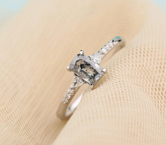 Salt and Pepper Cushion Gray Engagement Ring Side Stone Triangle VS White Diamond Wedding Ring ! Gift For Her ! Anniversary Gift