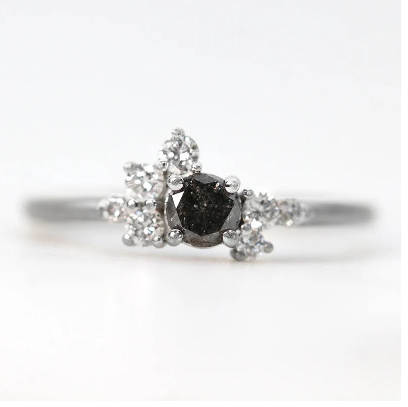 Salt and Pepper Diamond Ring ! Natural Round Cut Diamond Engagement Ring ! Natural Black Diamond Anniversary Ring !