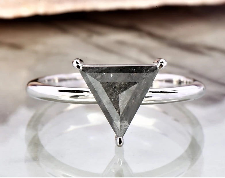 Salt and Pepper Diamond Ring ! Natural Triangle Cut Diamond ! Natural Gray Color Diamond Anniversary Ring ! Gift For Her
