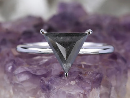 Salt and Pepper Diamond Ring ! Natural Triangle Cut Diamond ! Natural Gray Color Diamond Anniversary Ring ! Gift For Her